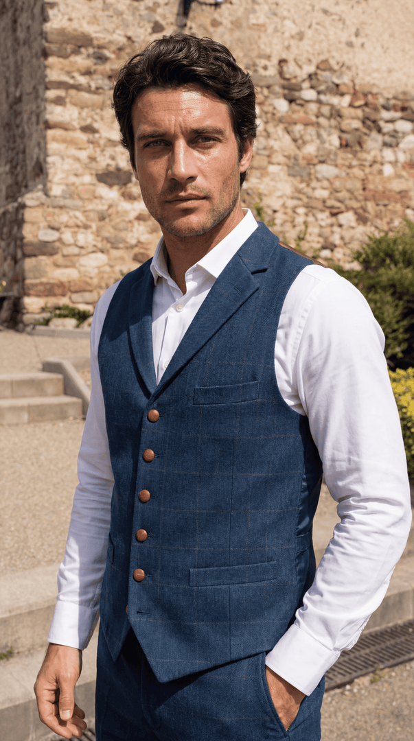 Santoro Tweed Waistcoat for Men Checked Vest with Notch Detail