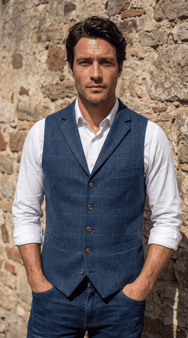 Santoro Tweed Waistcoat for Men Checked Vest with Notch Detail