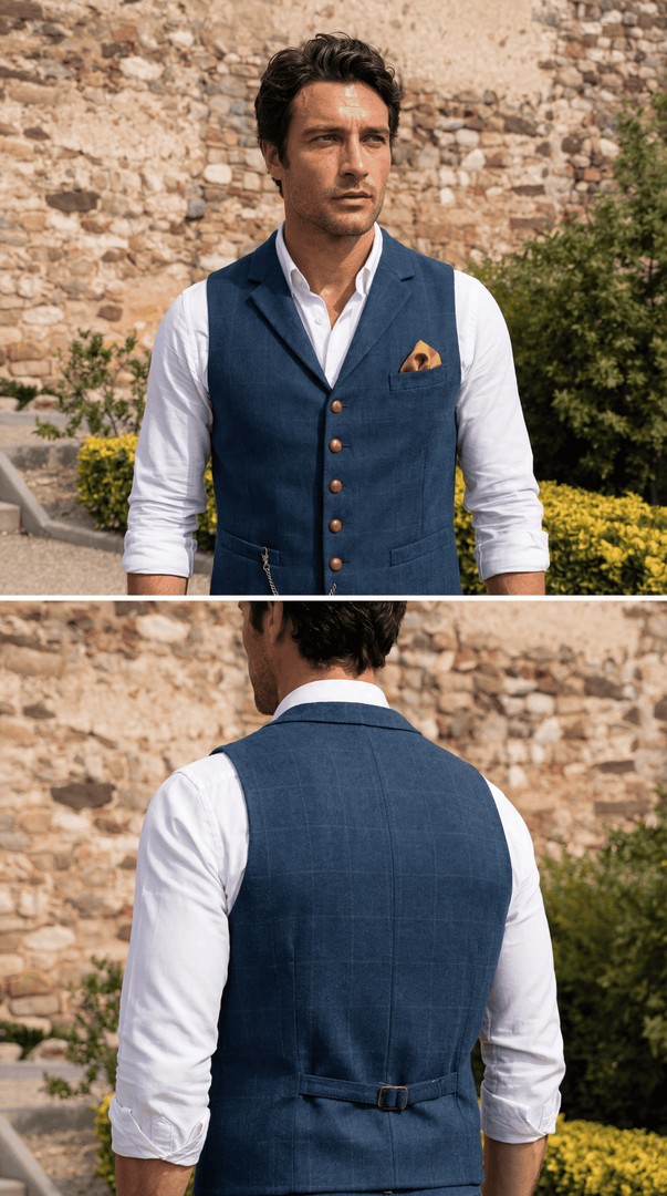 Santoro Tweed Waistcoat for Men Checked Vest with Notch Detail